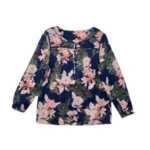 TALBOTS Pink Navy Floral Boho Peasant Coastal Lightweight Cotton Blouse Sz LARGE